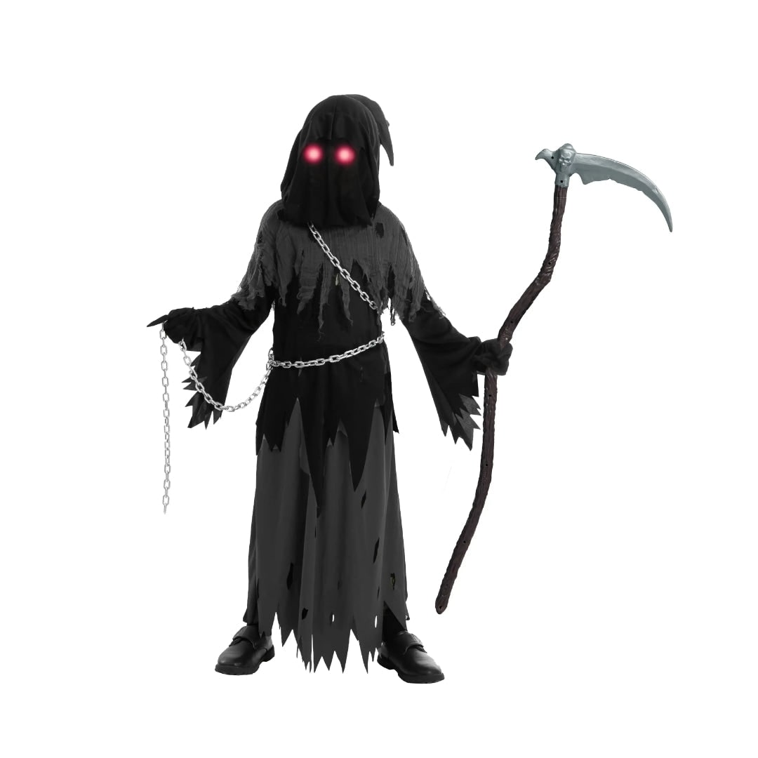 Thermabuild | Kids' Halloween Costume Grim Reaper Hooded Robe Set with Glowing Eyes and Toy Scythe