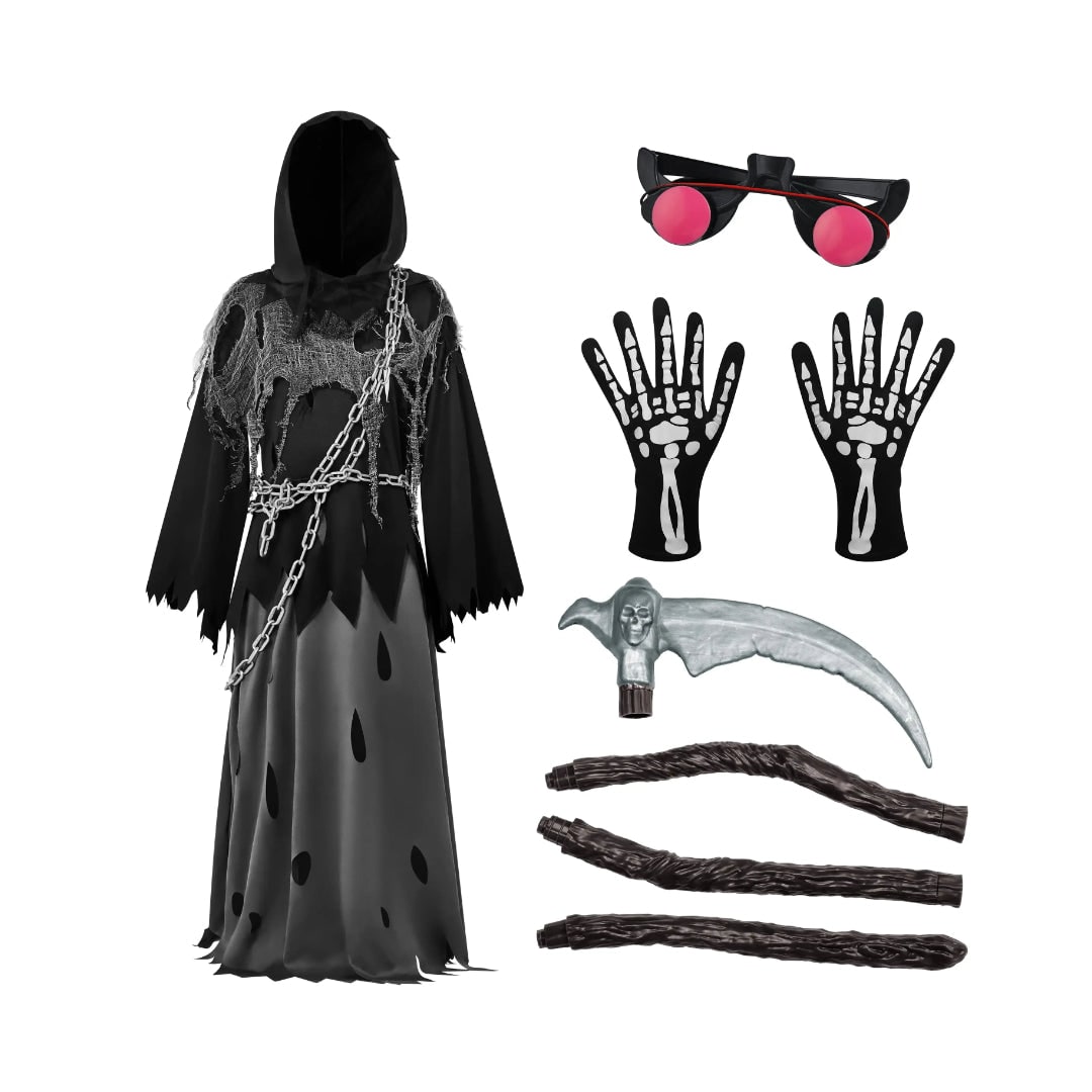 Thermabuild | Kids' Halloween Costume Grim Reaper Hooded Robe Set with Glowing Eyes and Toy Scythe