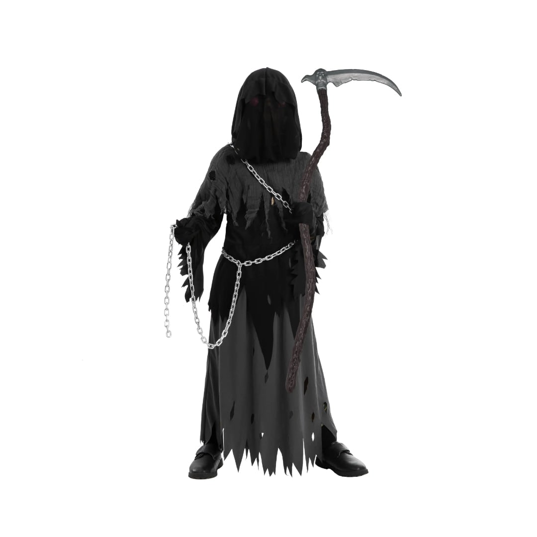 Thermabuild | Kids' Halloween Costume Grim Reaper Hooded Robe Set with Glowing Eyes and Toy Scythe