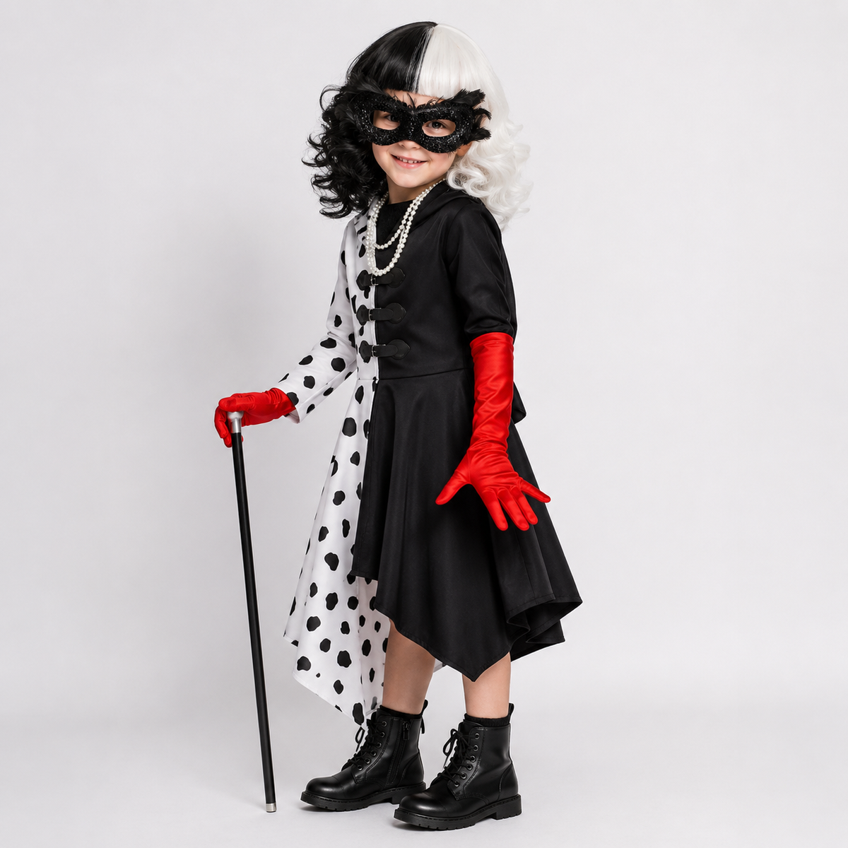 Thermabuild | Kids' Halloween Cruella Costume Dress with Dalmatian Spots and Attached Hood for Character Cosplay Party
