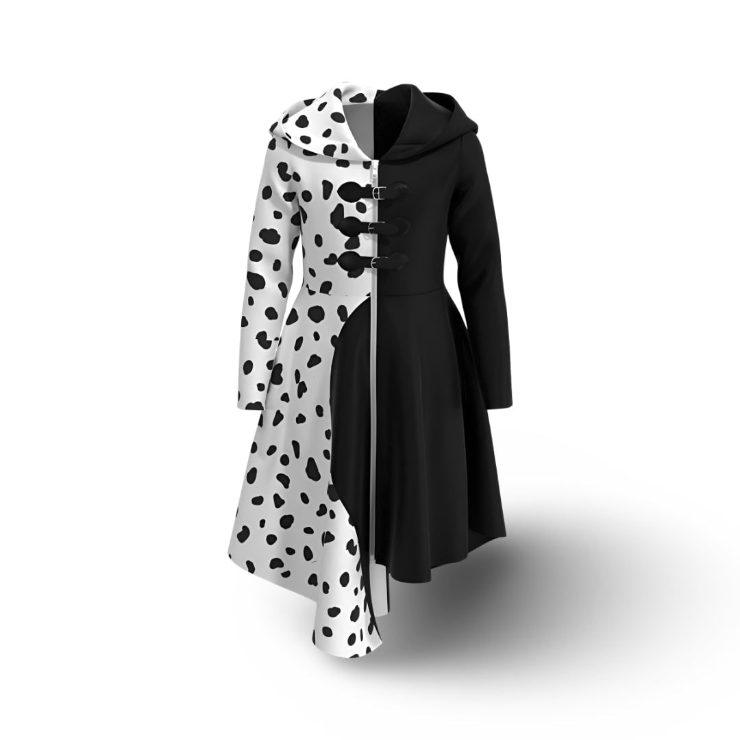 Thermabuild | Kids' Halloween Cruella Costume Dress with Dalmatian Spots and Attached Hood for Character Cosplay Party