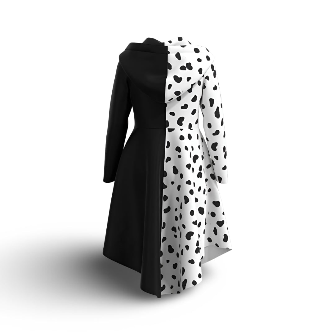 Thermabuild | Kids' Halloween Cruella Costume Dress with Dalmatian Spots and Attached Hood for Character Cosplay Party