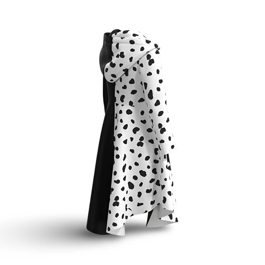 Thermabuild | Kids' Halloween Cruella Costume Dress with Dalmatian Spots and Attached Hood for Character Cosplay Party