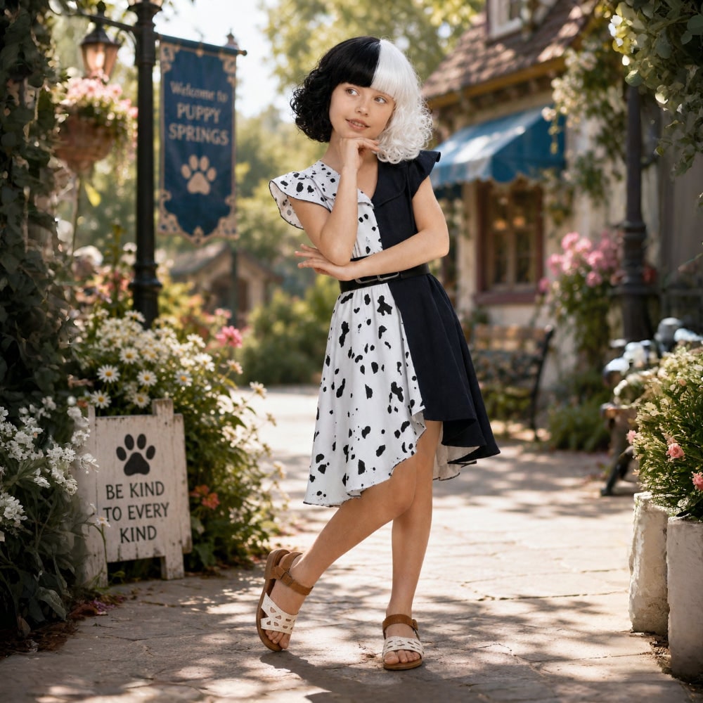 Thermabuild | Kids' Halloween Cruella De Vil Costume with Dalmatian Cape and Wig for Children