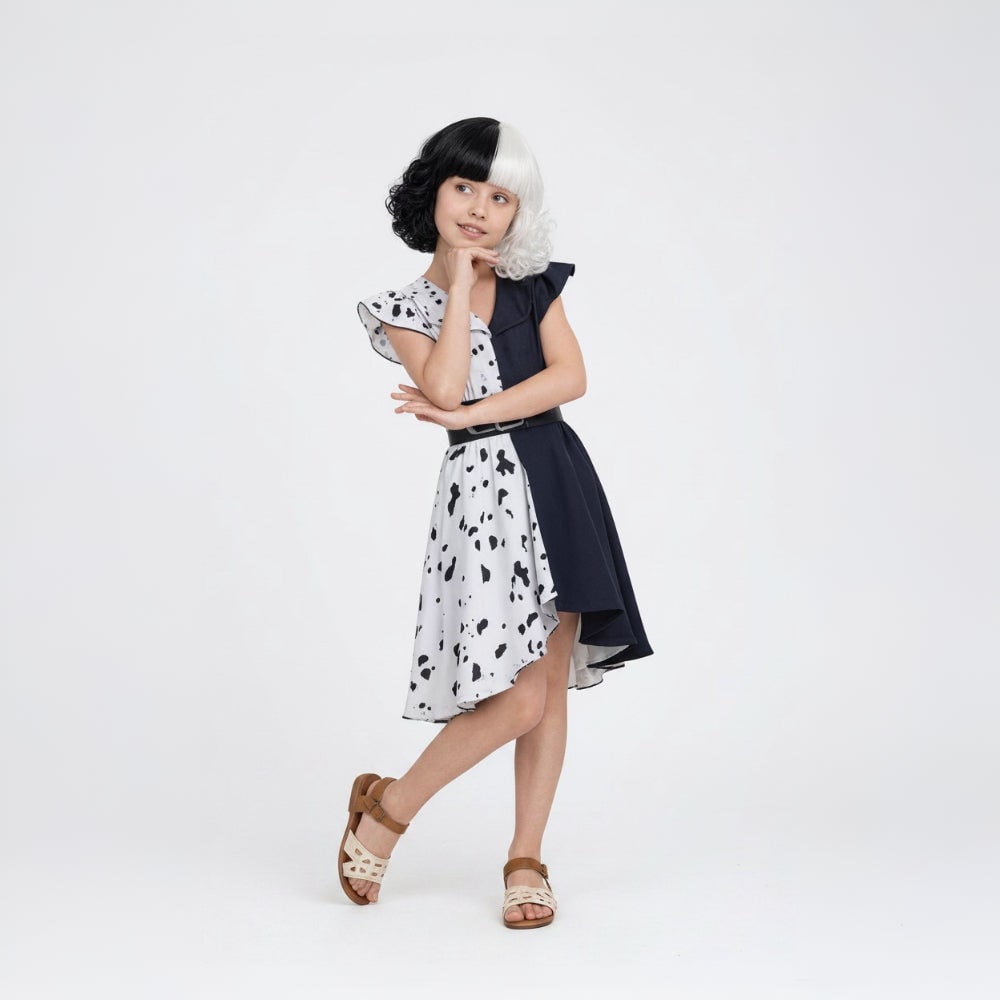 Thermabuild | Kids' Halloween Cruella De Vil Costume with Dalmatian Cape and Wig for Children