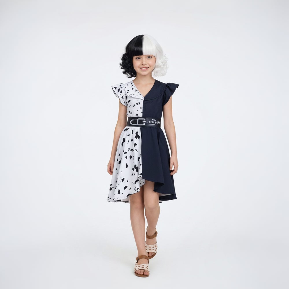 Thermabuild | Kids' Halloween Cruella De Vil Costume with Dalmatian Cape and Wig for Children