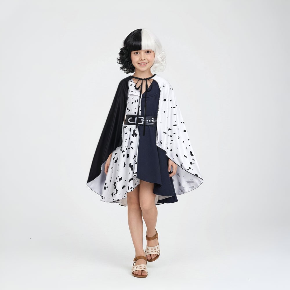 Thermabuild | Kids' Halloween Cruella De Vil Costume with Dalmatian Cape and Wig for Children
