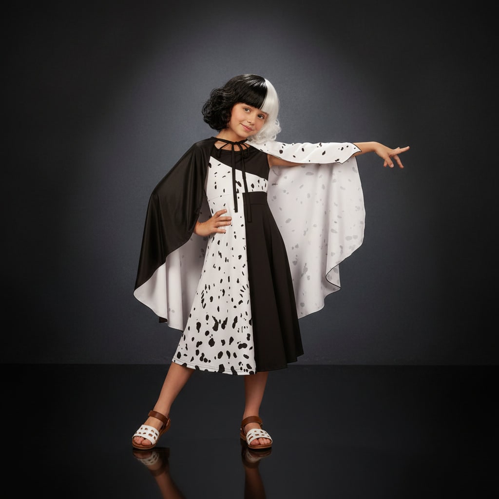 Thermabuild | Kids' Halloween Cruella De Vil Costume with Split Black and White Dress Cape