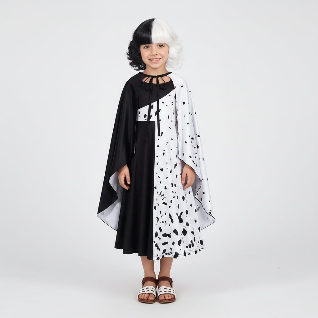 Thermabuild | Kids' Halloween Cruella De Vil Costume with Split Black and White Dress Cape