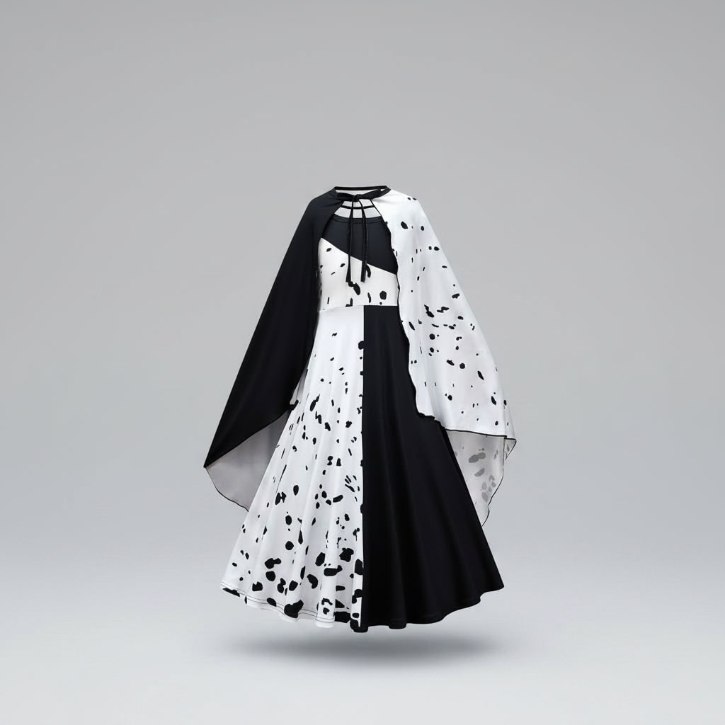 Thermabuild | Kids' Halloween Cruella De Vil Costume with Split Black and White Dress Cape