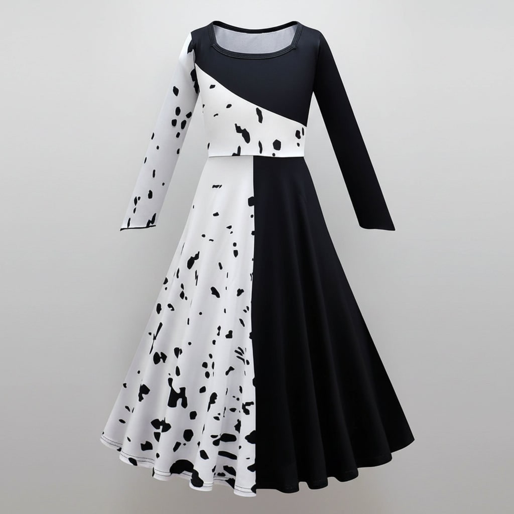 Thermabuild | Kids' Halloween Cruella De Vil Costume with Split Black and White Dress Cape