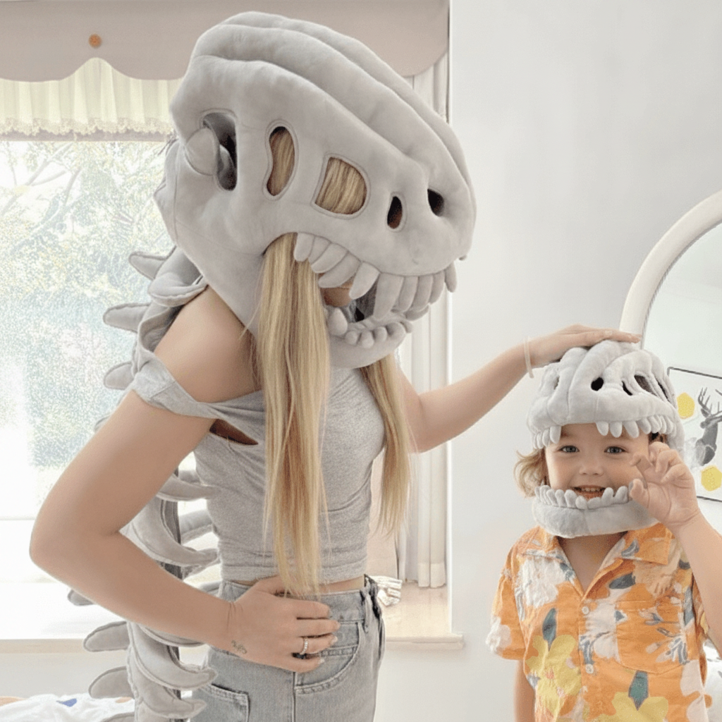 Thermabuild | Kids' Halloween Dinosaur Costume Skull Cap Beanie with Plush Skeleton Spine Tail and 3D Bone Details