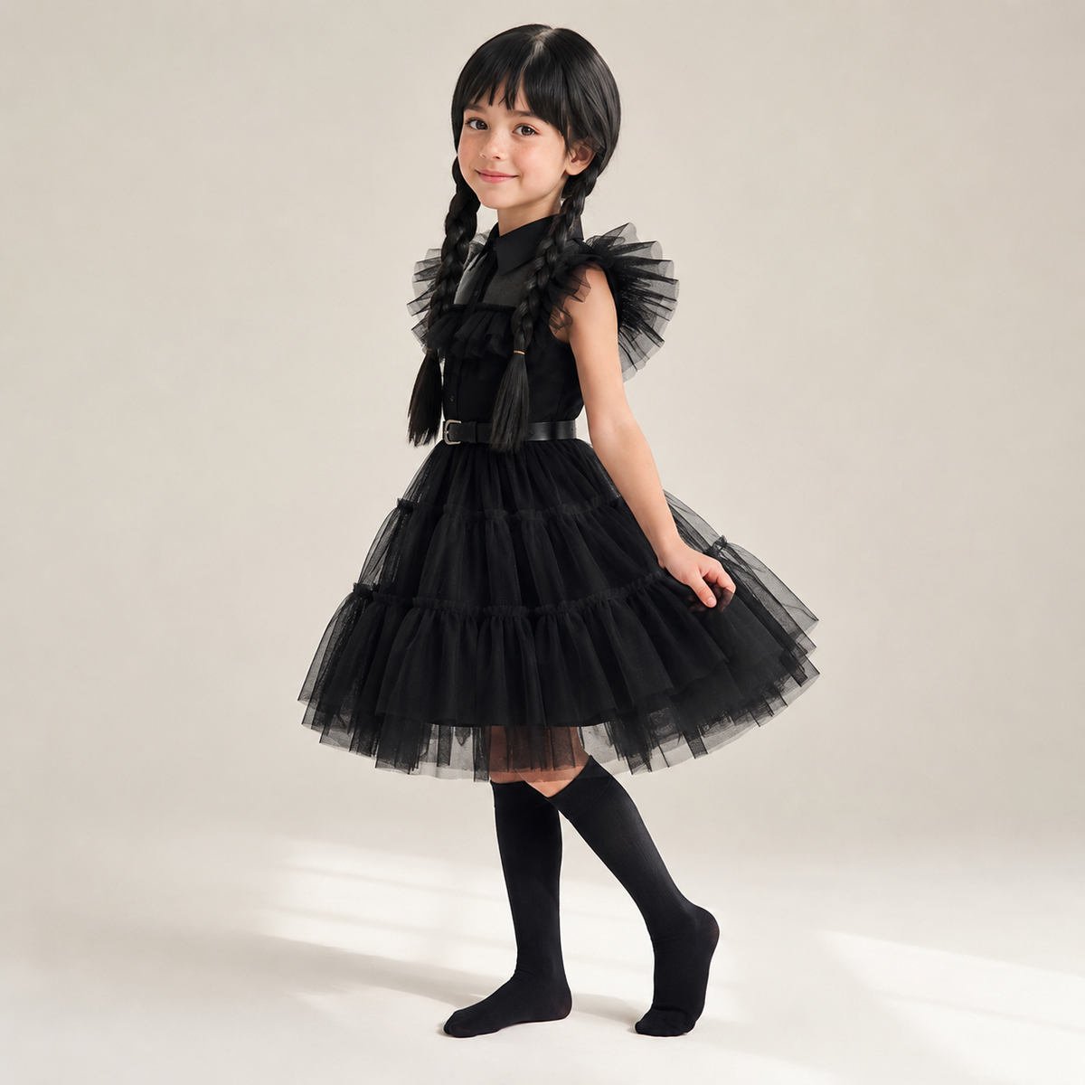 Thermabuild | Kids' Halloween gothic schoolgirl Family Costume Dress with Tiered Tulle Skirt and Lace Mask