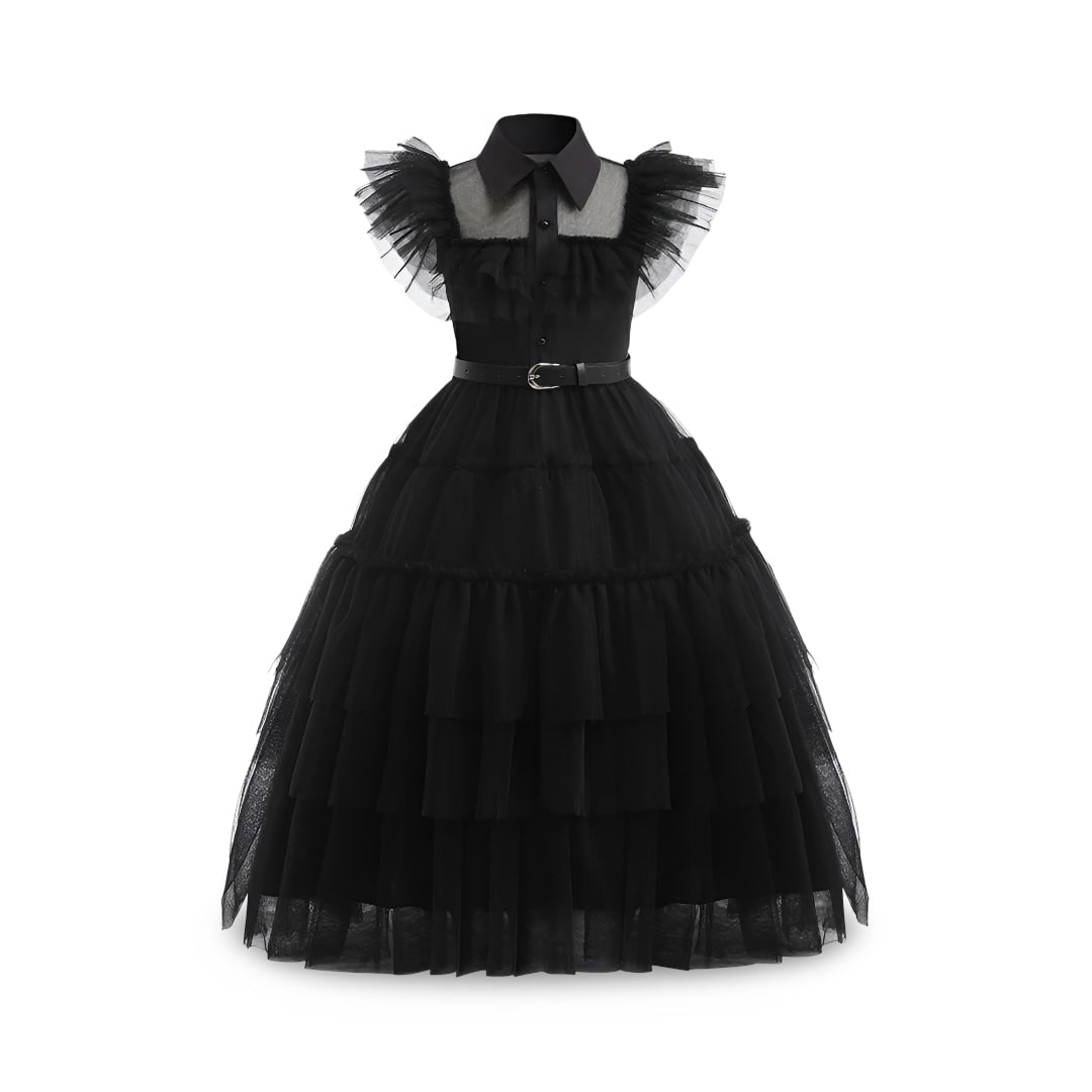 Thermabuild | Kids' Halloween gothic schoolgirl Family Costume Dress with Tiered Tulle Skirt and Lace Mask