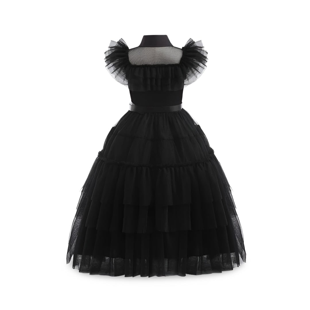 Thermabuild | Kids' Halloween gothic schoolgirl Family Costume Dress with Tiered Tulle Skirt and Lace Mask