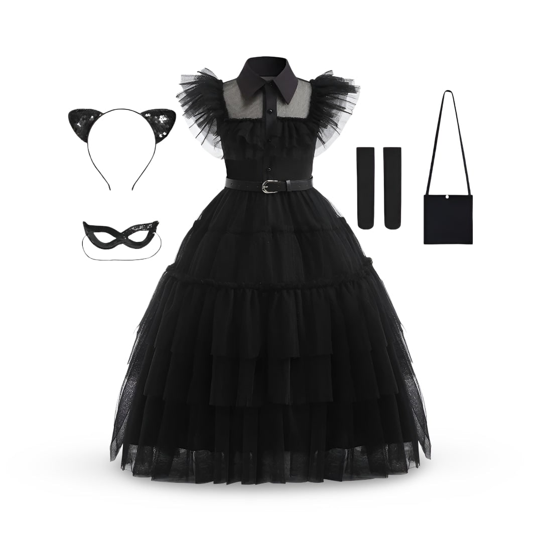 Thermabuild | Kids' Halloween gothic schoolgirl Family Costume Dress with Tiered Tulle Skirt and Lace Mask