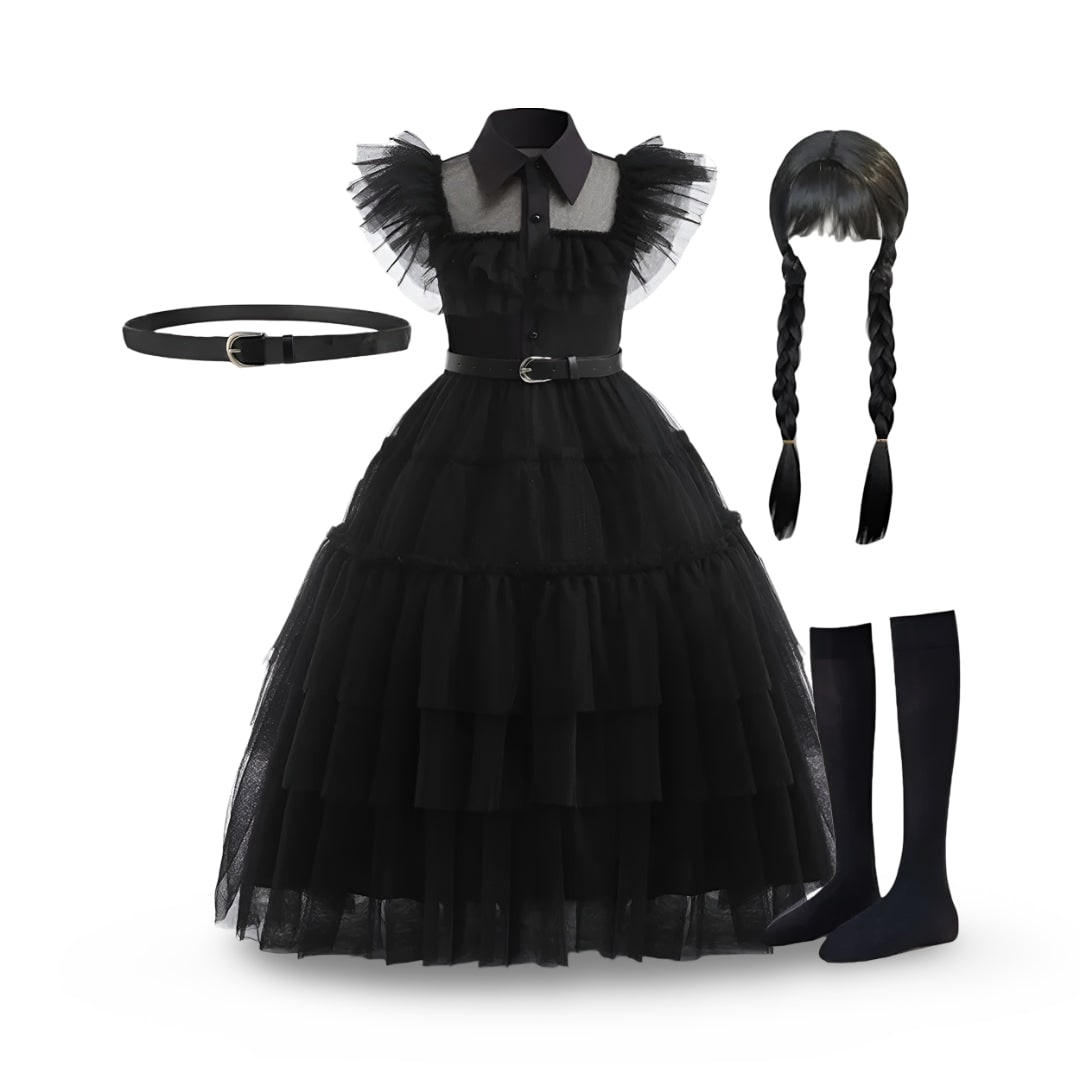Thermabuild | Kids' Halloween gothic schoolgirl Family Costume Dress with Tiered Tulle Skirt and Lace Mask