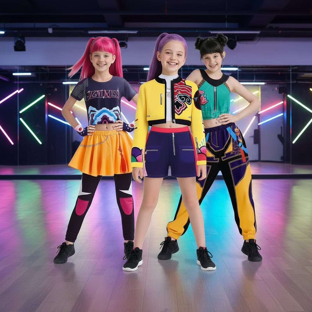 Thermabuild | Kids' Halloween Hip Hop Dance Costume with Cropped Jacket Graphic Top and Flared Skirt