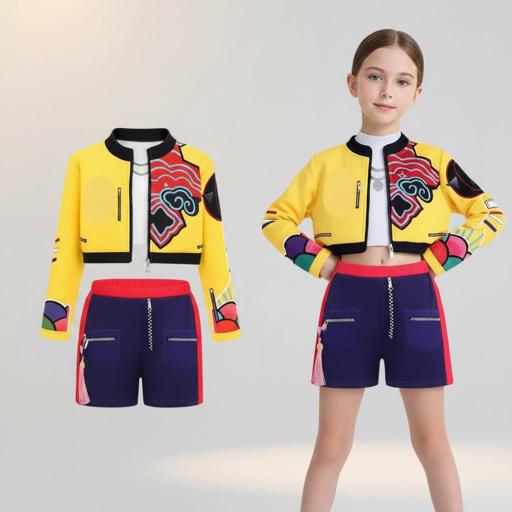 Thermabuild | Kids' Halloween Hip Hop Dance Costume with Cropped Jacket Graphic Top and Flared Skirt