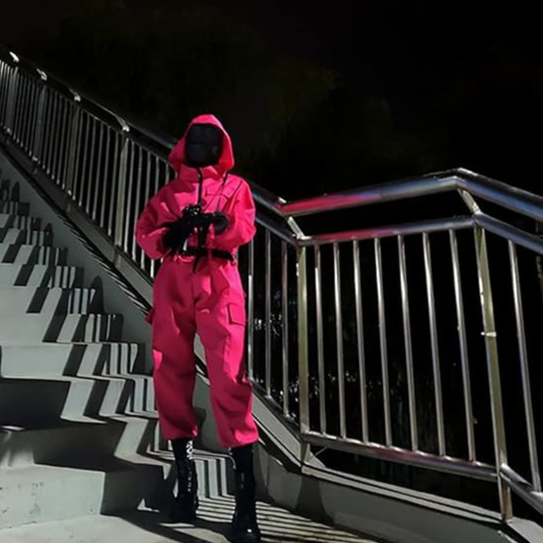 Thermabuild | Kids' Halloween Hooded Jumpsuit Costume with Mask Belt and Cargo Pockets Pink