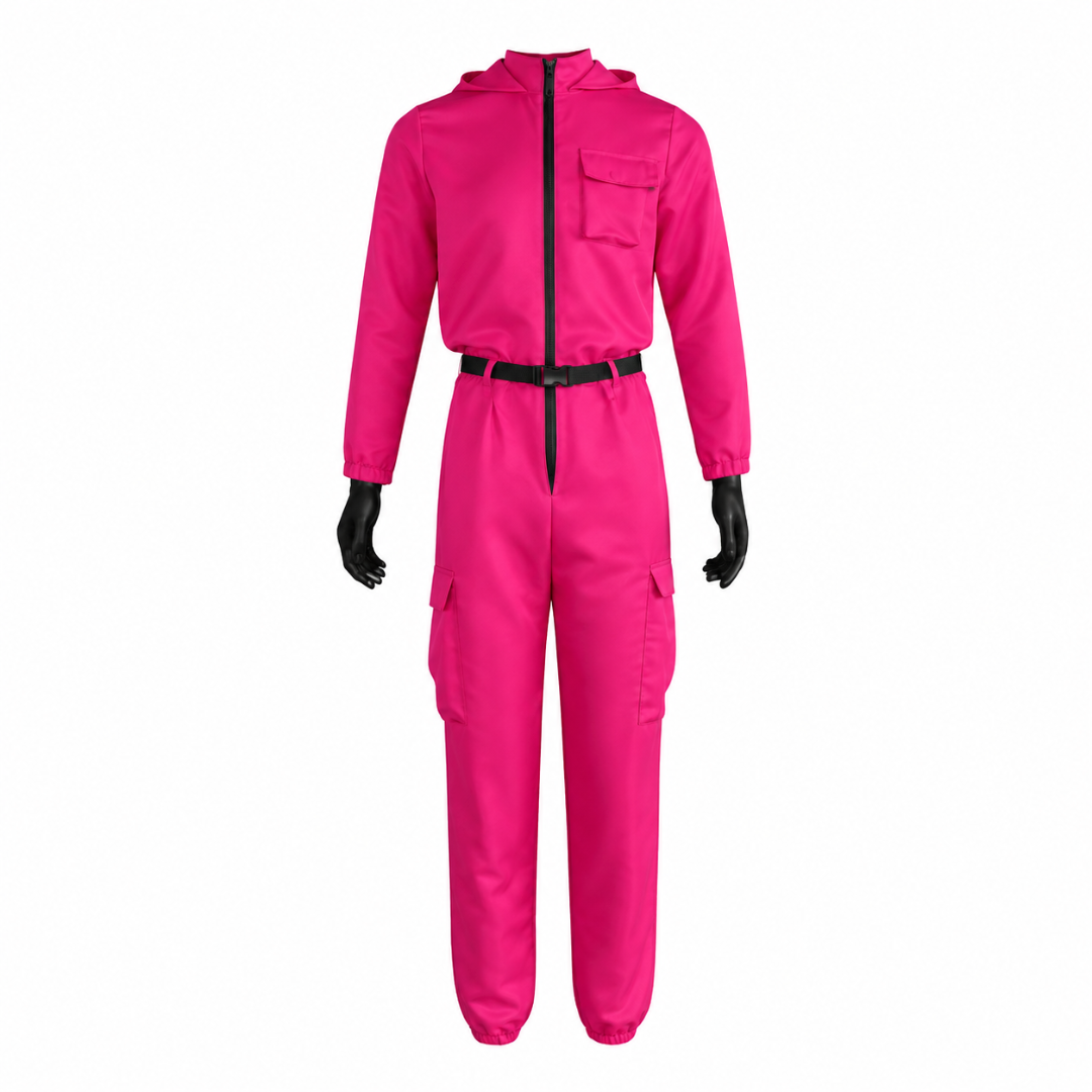 Thermabuild | Kids' Halloween Hooded Jumpsuit Costume with Mask Belt and Cargo Pockets Pink