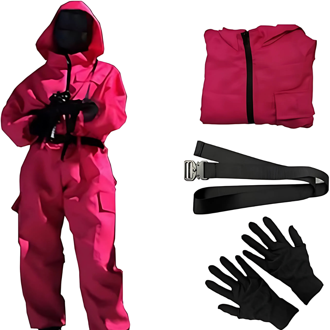 Thermabuild | Kids' Halloween Hooded Jumpsuit Costume with Mask Belt and Cargo Pockets Pink