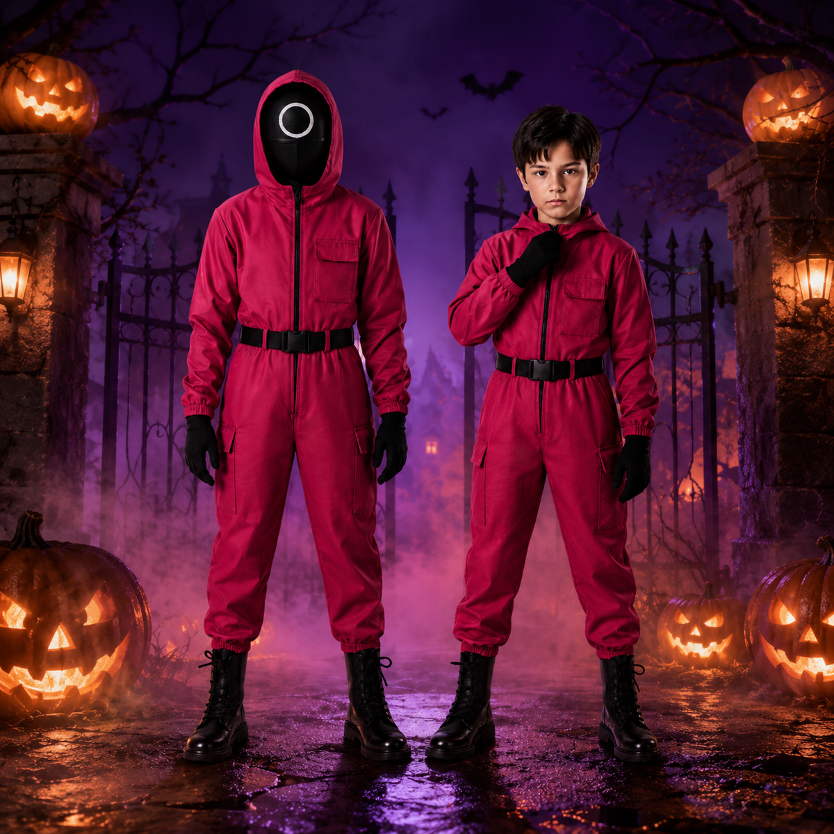 Thermabuild | Kids' Halloween Hooded Jumpsuit Costume with Mesh Mask and Gloves Trick-Or-Treat