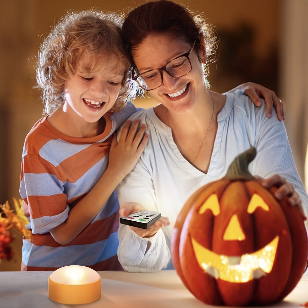 Thermabuild | Kids' Halloween Jack O Lantern Pumpkin LED Tea Light Candles with Remote Control Battery Operated