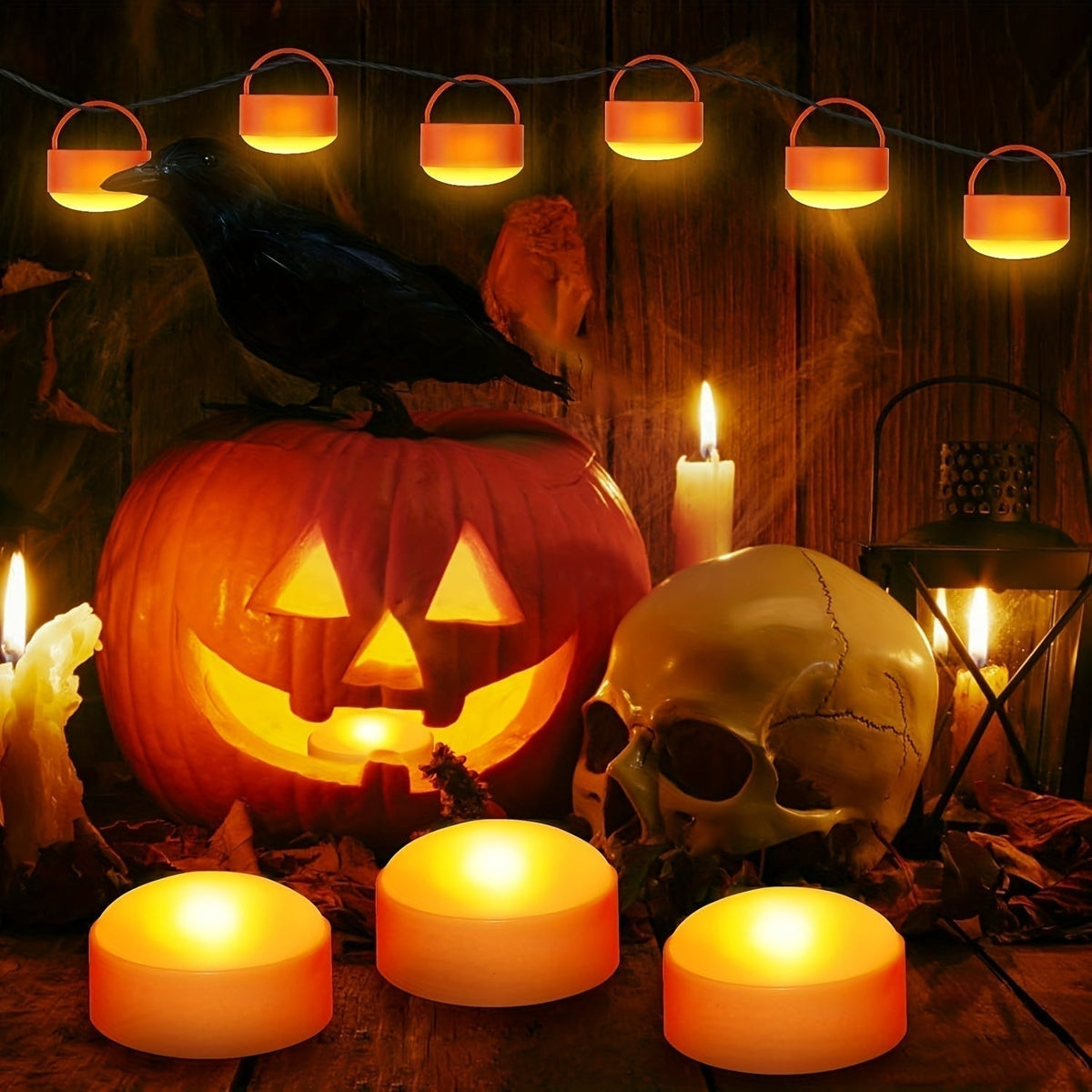 Thermabuild | Kids' Halloween Jack O Lantern Pumpkin LED Tea Light Candles with Remote Control Battery Operated