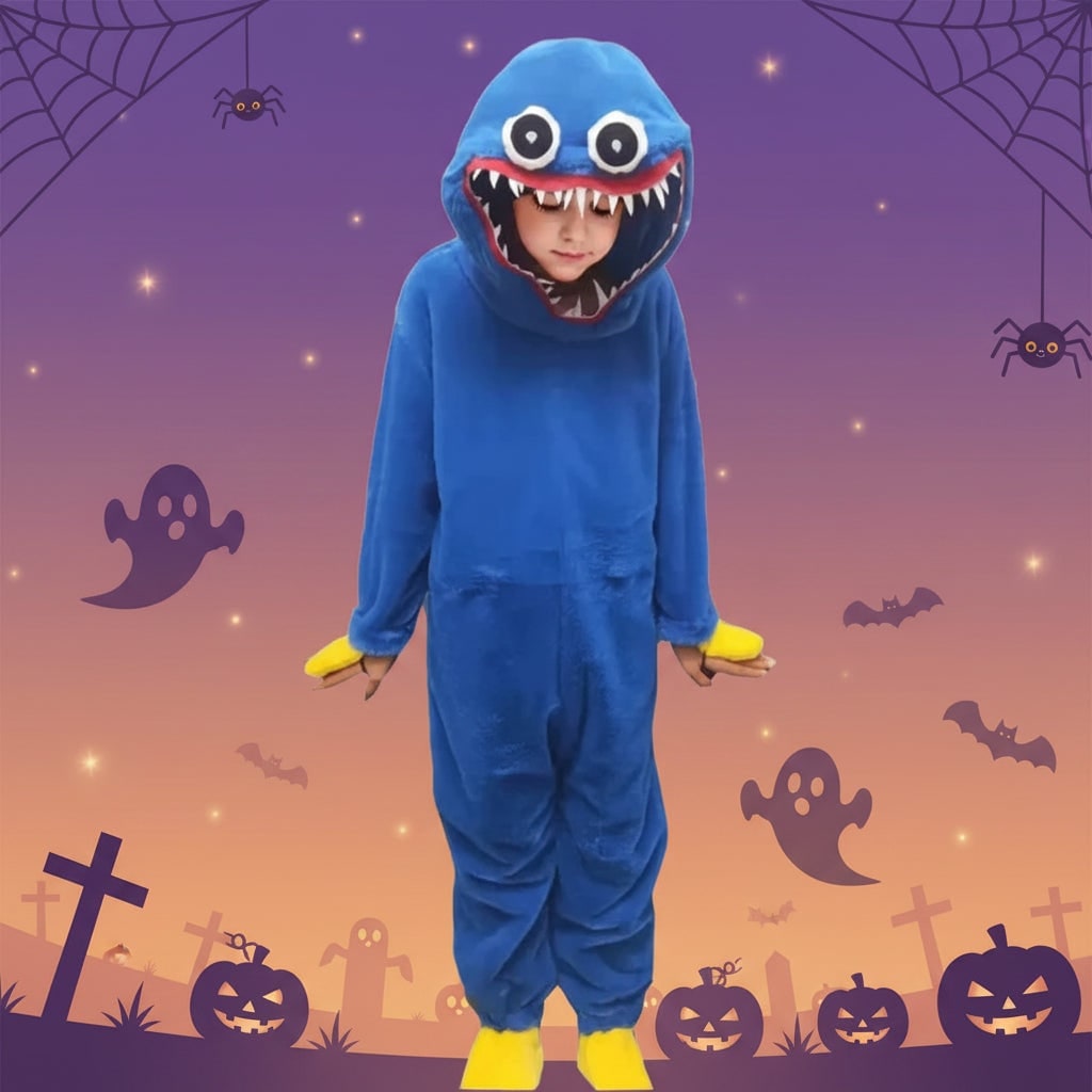 Thermabuild | Kids' Halloween Monster Onesie Plush Jumpsuit Costume with Hood and Embroidered Eyes