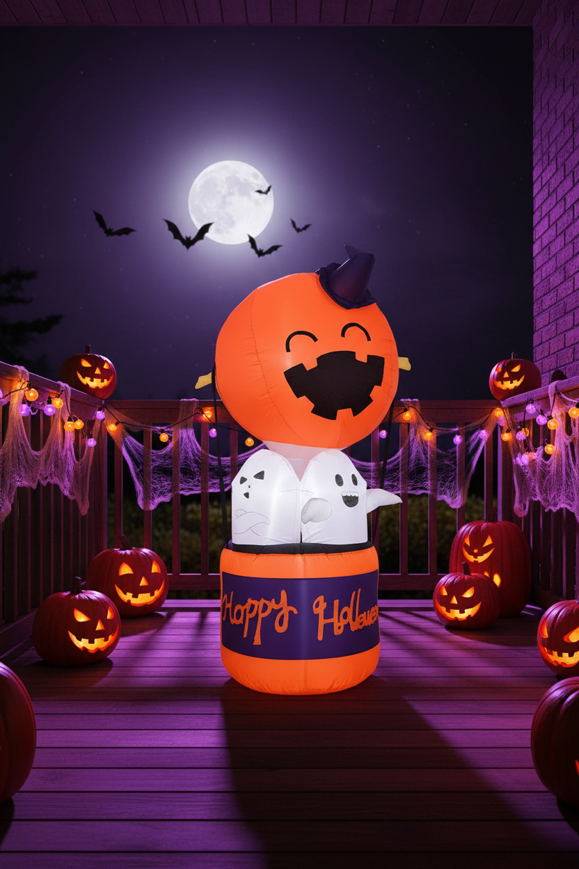 Thermabuild | Kids' Halloween Outdoor Decoration Inflatable Blow Up Pumpkin Hot Air Balloon with Ghost and LED Lights