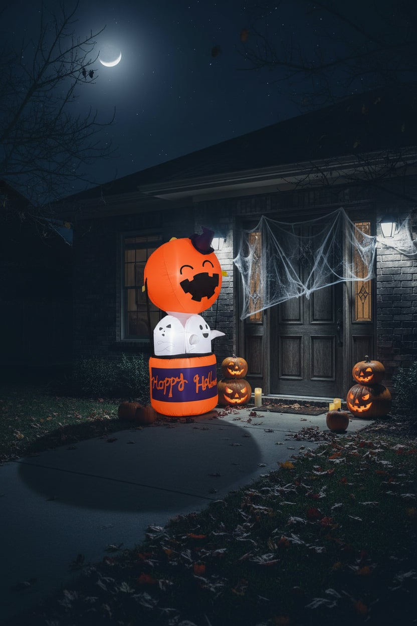 Thermabuild | Kids' Halloween Outdoor Decoration Inflatable Blow Up Pumpkin Hot Air Balloon with Ghost and LED Lights