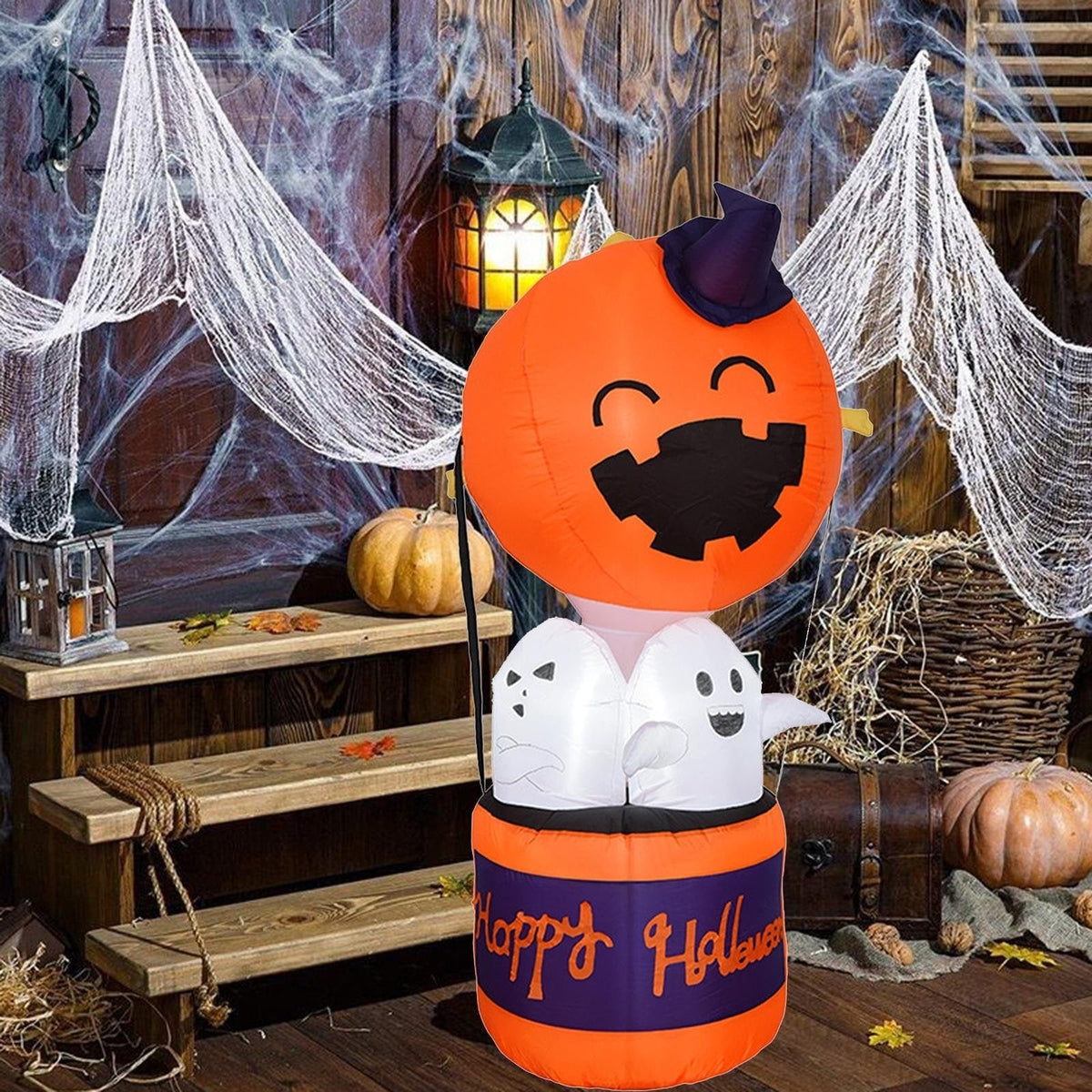 Thermabuild | Kids' Halloween Outdoor Decoration Inflatable Blow Up Pumpkin Hot Air Balloon with Ghost and LED Lights