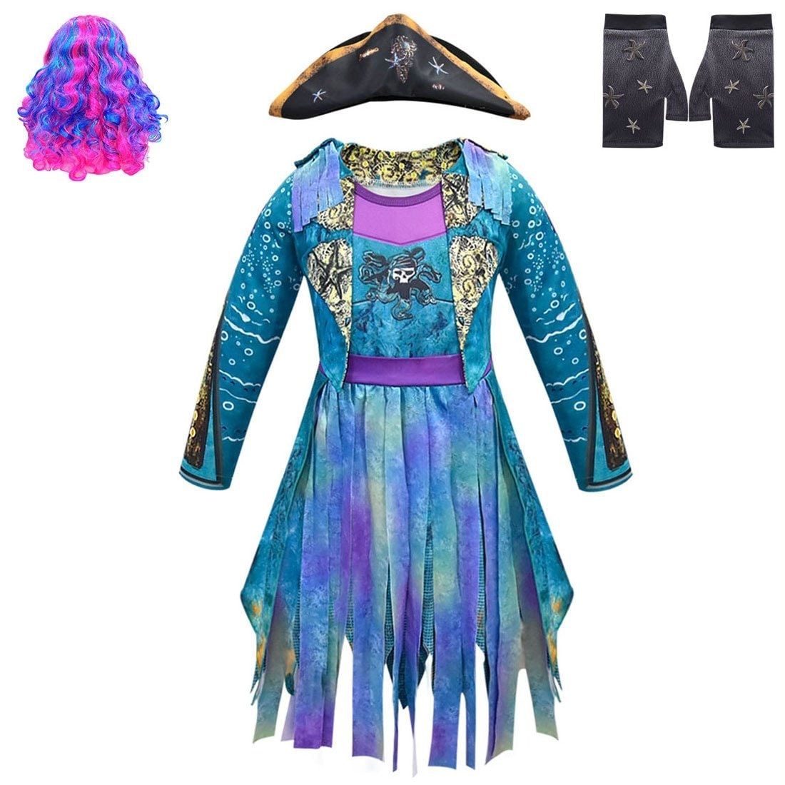 Thermabuild | Kids' Halloween Pirate Costume Dress Outfit with and for Skull Graphic and Tattered Hem