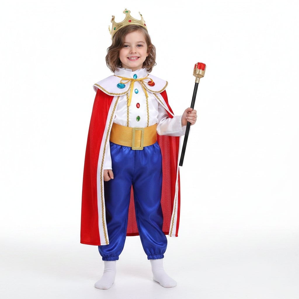 Thermabuild | Kids' Halloween Royal Prince Costume Set with Gold Crown Scepter and Red Cape
