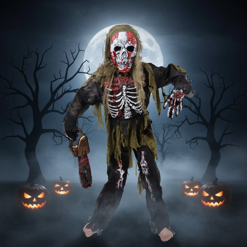 Thermabuild | Kids' Halloween Zombie Skeleton Costume with Skull Mask and Gloves Three-Piece Set