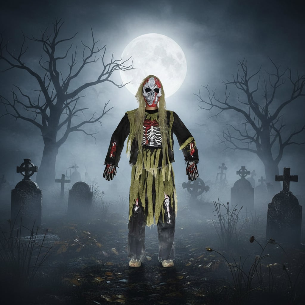 Thermabuild | Kids' Halloween Zombie Skeleton Costume with Skull Mask and Gloves Three-Piece Set