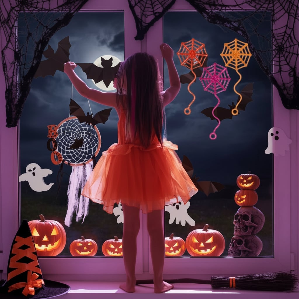 Thermabuild | Kids' Halloween Decorations Sticky Spiderweb Party Favors Stretchy Neon Window Clings with Wavy Tail