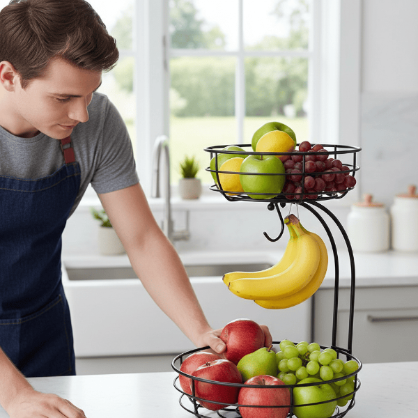 Thermabuild | 2-Tier Metal Fruit Basket with Banana Holder
