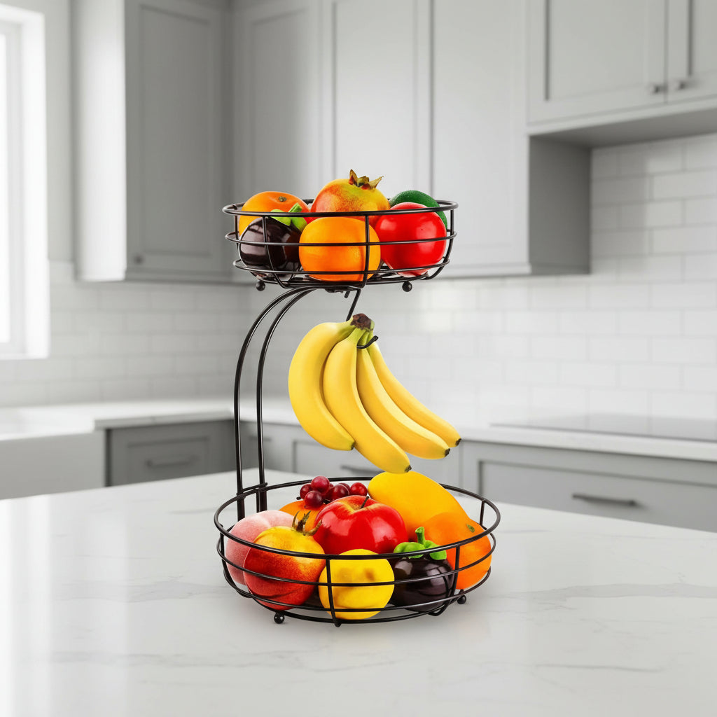 Thermabuild | 2-Tier Metal Fruit Basket with Banana Holder