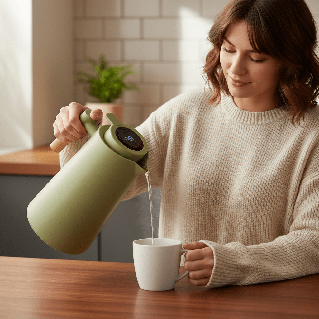 Thermabuild | Thermal Jug with Temperature Display, Leak-Proof Design & Wooden Handle