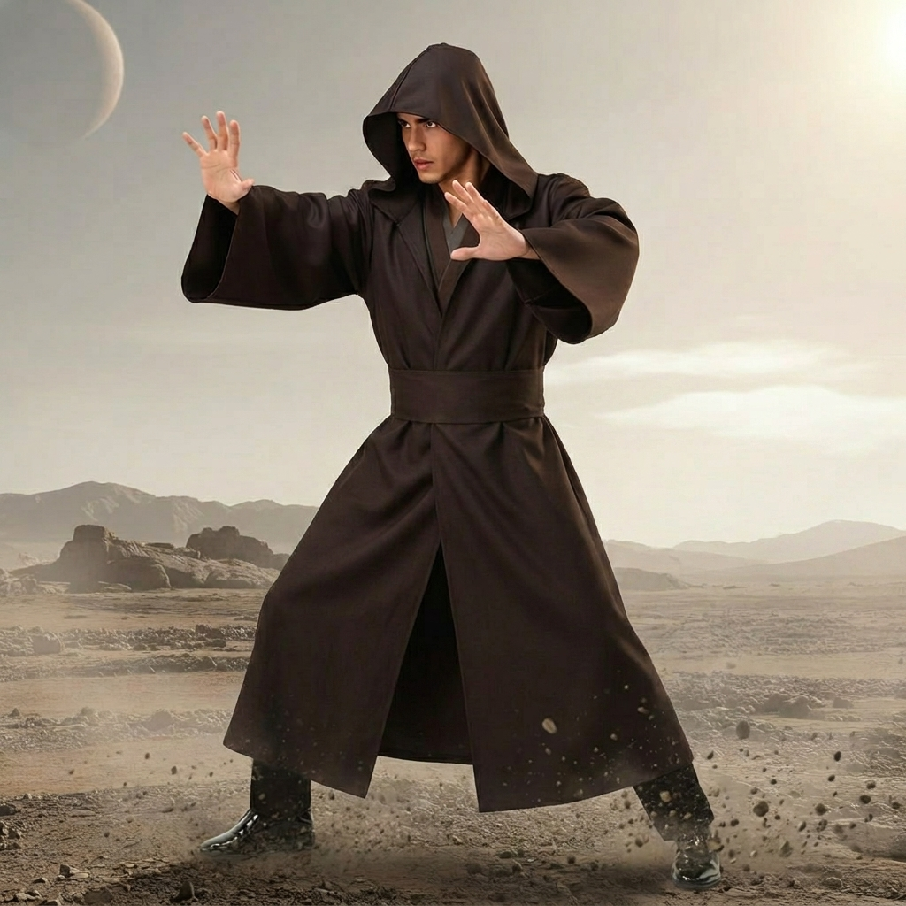 Thermabuild | Men's Halloween Cosplay Jedi Costume with Hooded Robe Tunic Pants and Belt Set for Adults