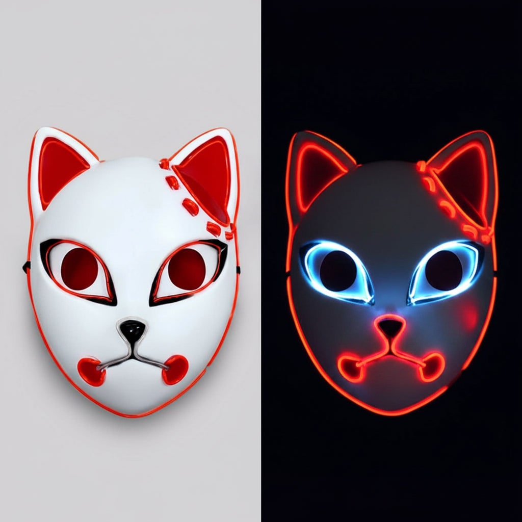 Thermabuild | Men's Halloween LED Fox Kitsune Mask with Light-Up Japanese Demon Design for Cosplay Party Costume
