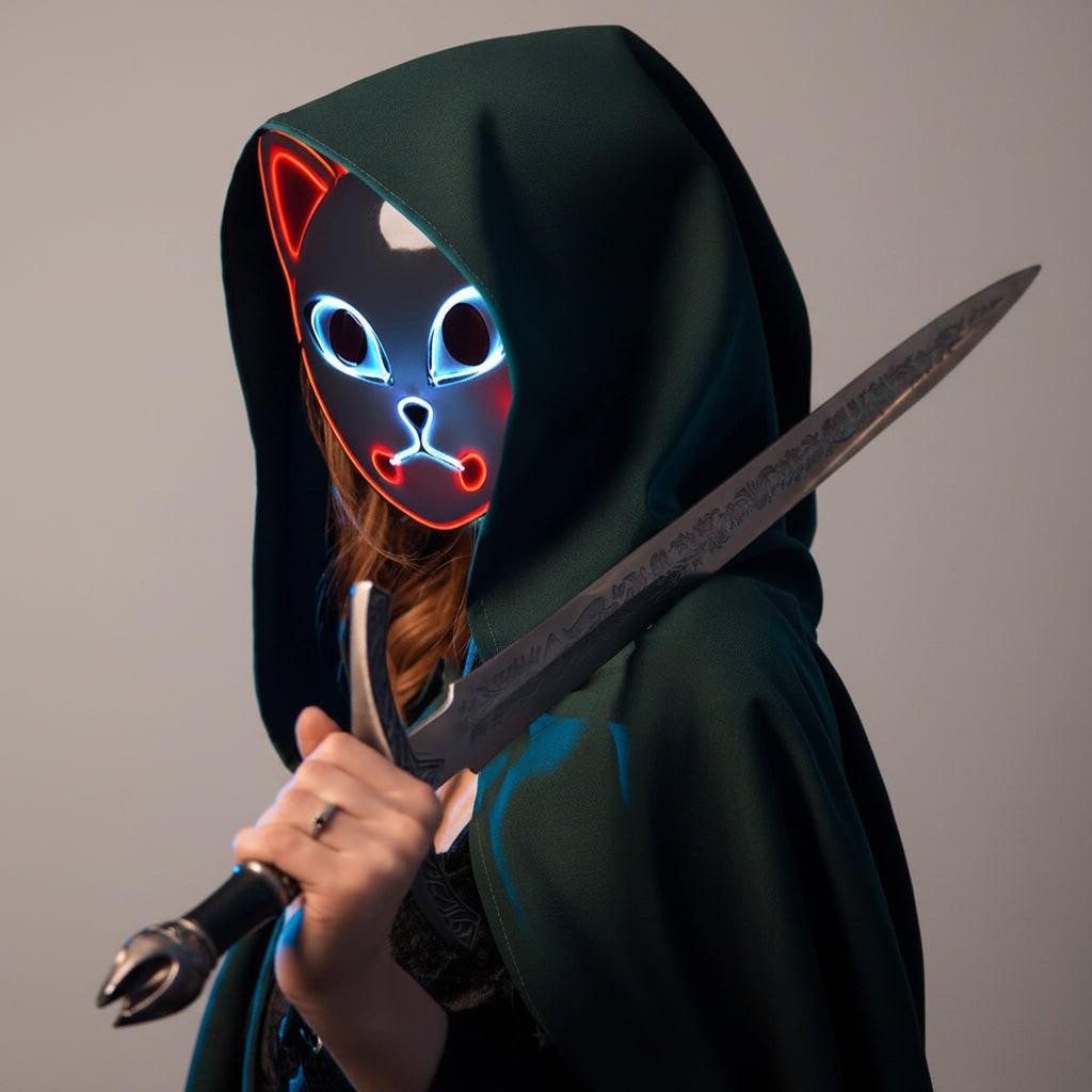 Thermabuild | Men's Halloween LED Fox Kitsune Mask with Light-Up Japanese Demon Design for Cosplay Party Costume