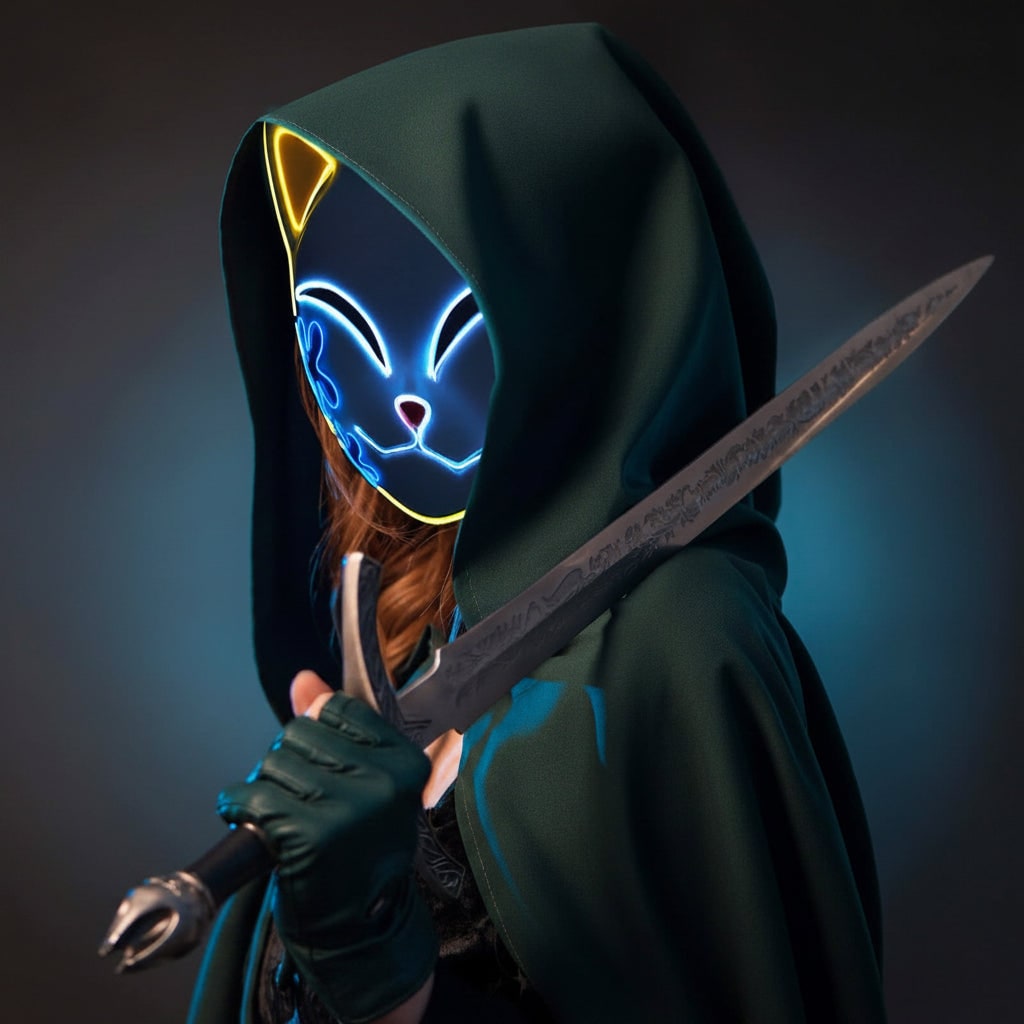 Thermabuild | Men's Halloween LED Fox Kitsune Mask with Light-Up Japanese Demon Design for Cosplay Party Costume