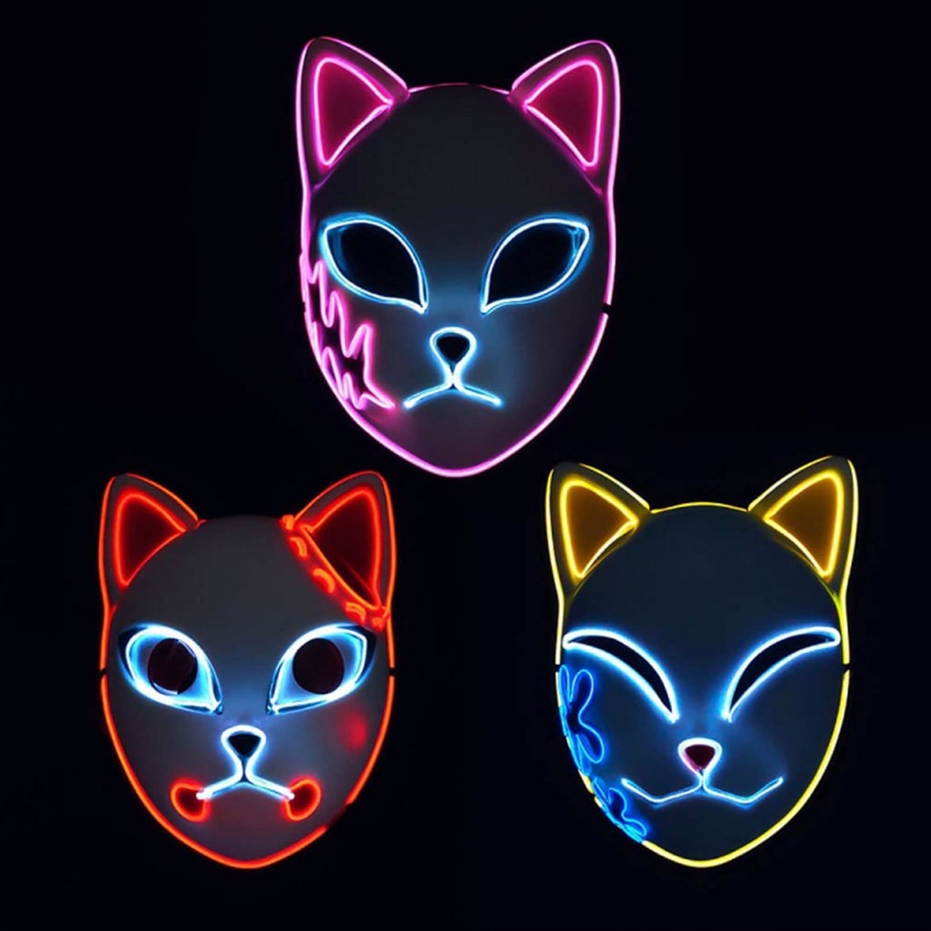 Thermabuild | Men's Halloween LED Fox Kitsune Mask with Light-Up Japanese Demon Design for Cosplay Party Costume