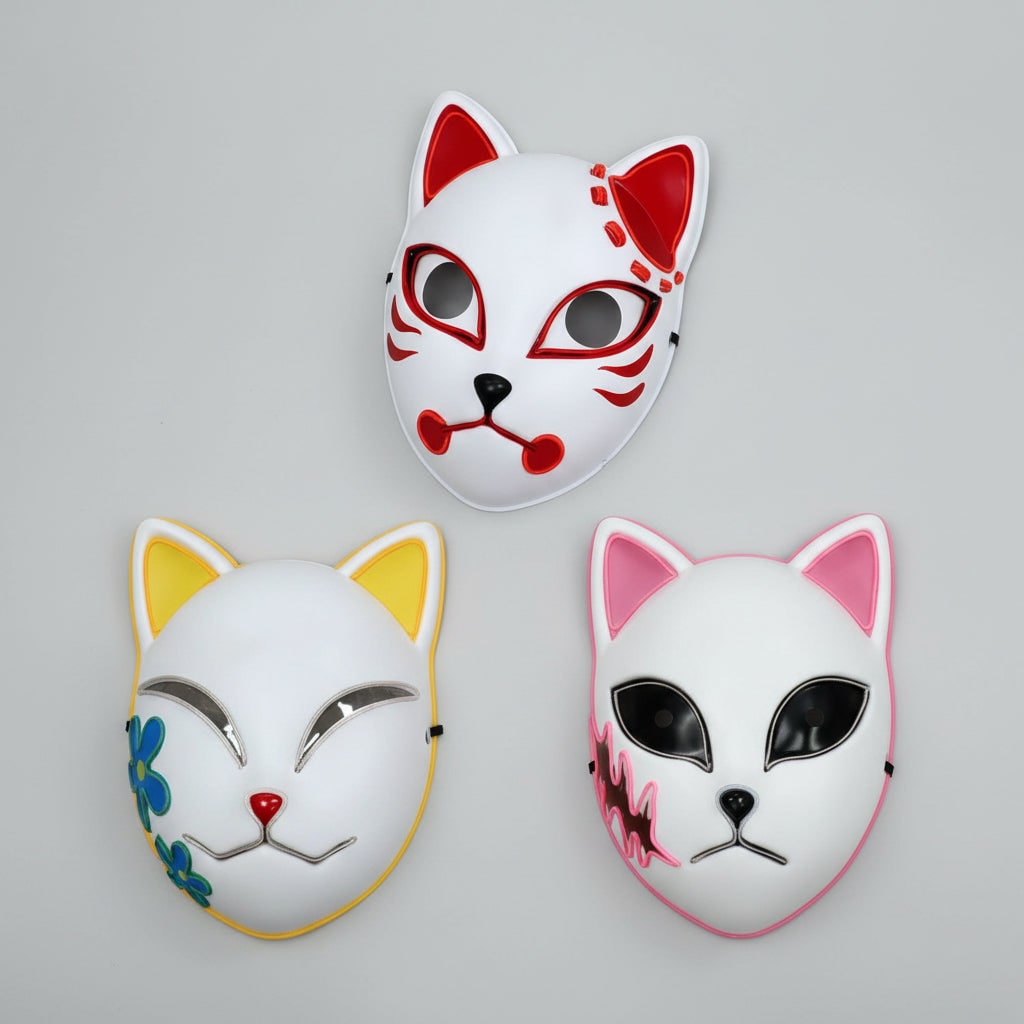 Thermabuild | Men's Halloween LED Fox Kitsune Mask with Light-Up Japanese Demon Design for Cosplay Party Costume