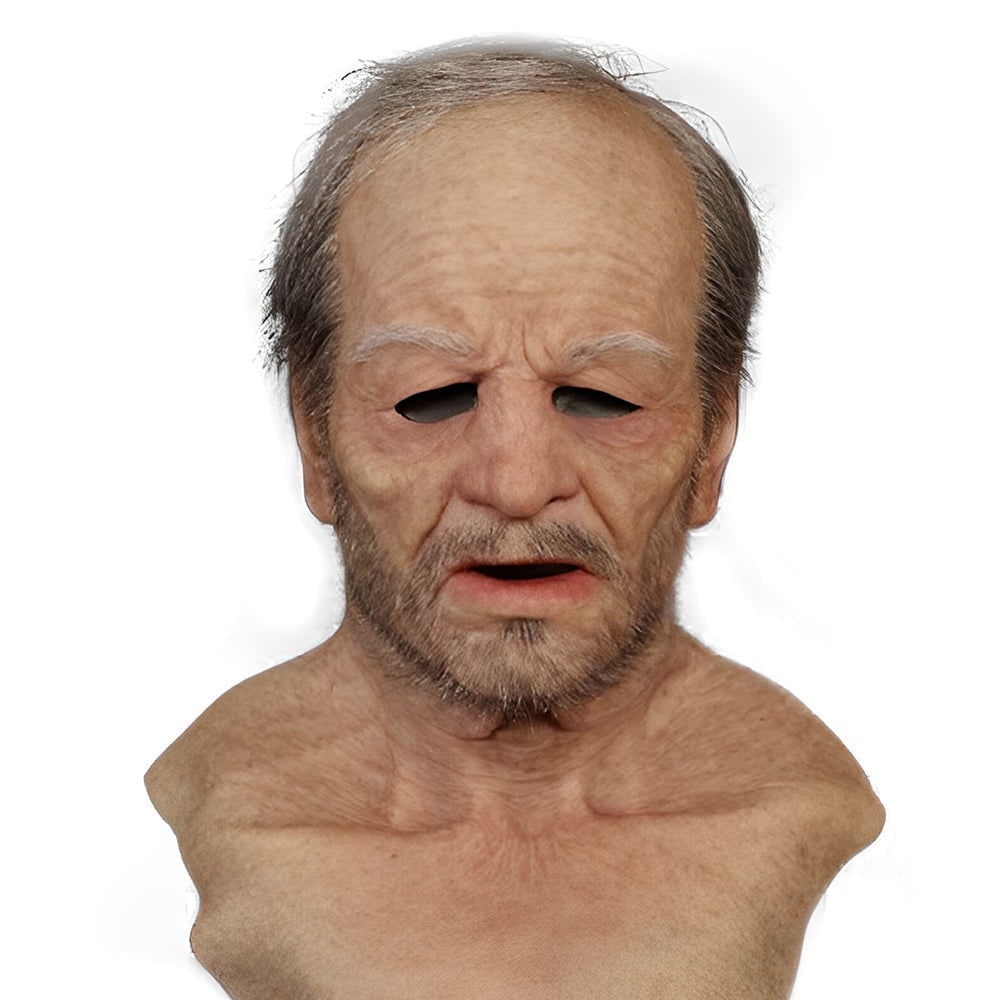 Thermabuild | Men's Halloween Realistic Silicone Old Man Mask with Facial Hair and Chest Bib