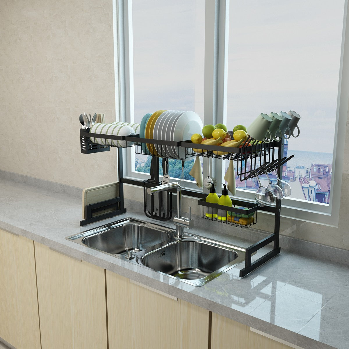Thermabuild | 34.6" Stainless Steel Black Dish Drying Rack Over Kitchen Sink, Dishes and Utensils Draining Shelf