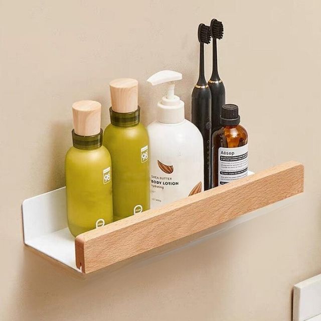 Thermabuild | Rustic Solid Wood Corner Bathroom Shelf with Strong Adhesive Backing